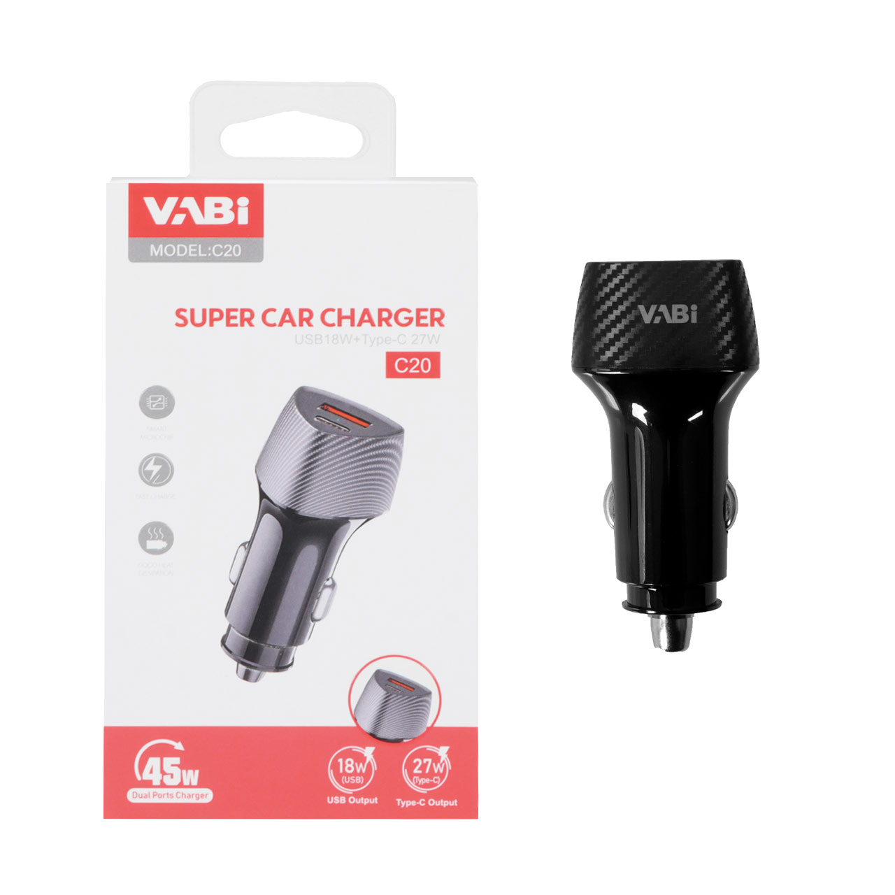 شارژر فندکی فست و PD دو پورت VABI مدل C20 45W