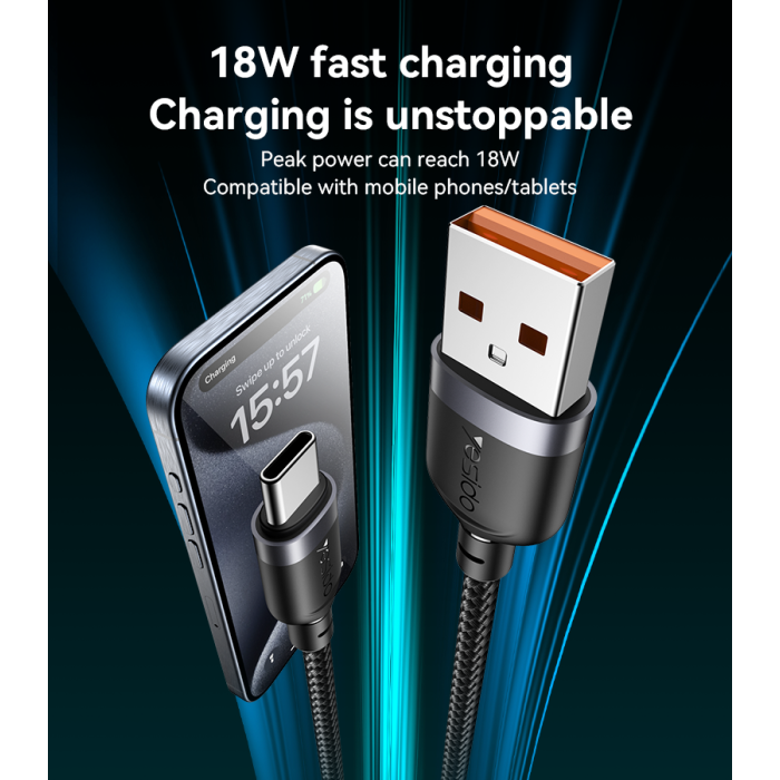 کابل شارژ سریع USB به Type-C یسیدو CA131C – طول 0.3 متر، توان 18W، بدنه آلومینیومی مقاوم