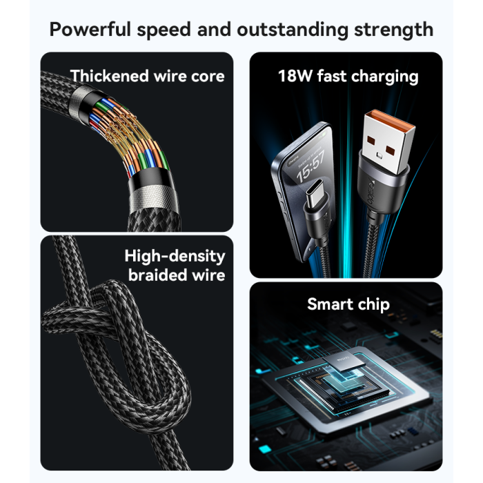 کابل شارژ سریع USB به Type-C یسیدو CA131C – طول 0.3 متر، توان 18W، بدنه آلومینیومی مقاوم