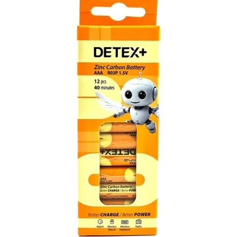 باتری نیم قلمی دیتکس پلاس (+DETEX) مدل Zinc Carbon 1.5V R03P AAA (بسته 12 عددی)